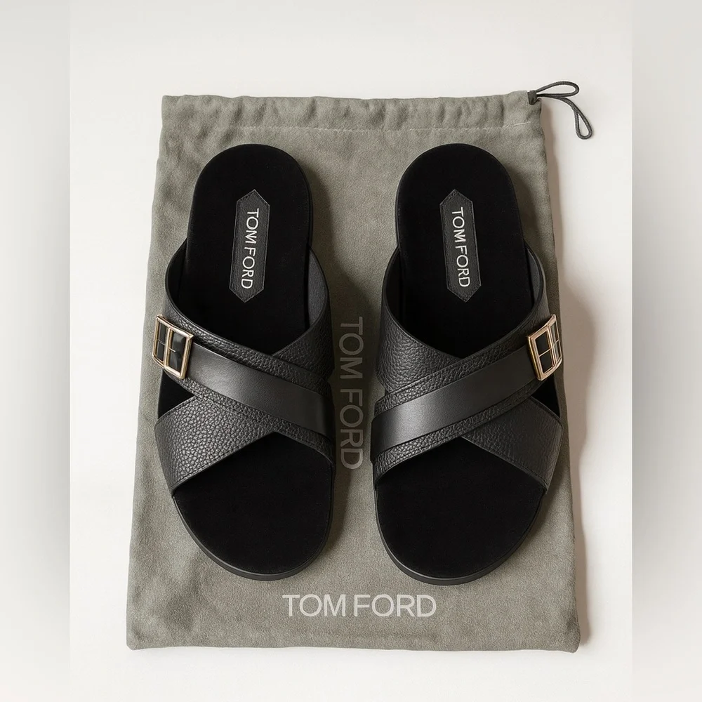 Tom Ford Black Slide Sandals with Gold Buckle